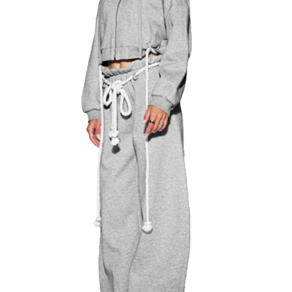 Black~Rope Detail Cropped Hoodie & Wide-Leg Sweatpant Set - Picture 4 of 8